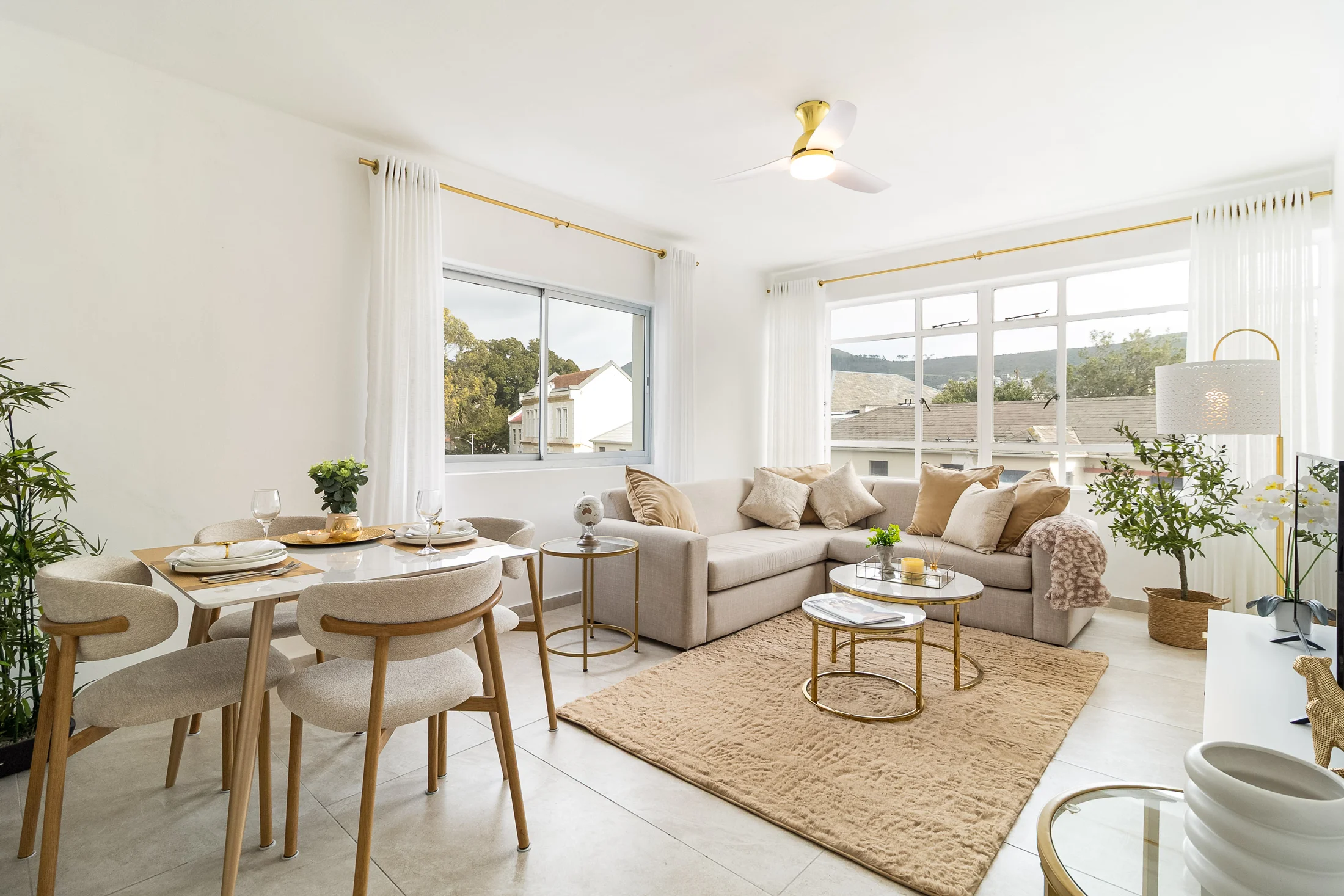 Sunlit living and dining room