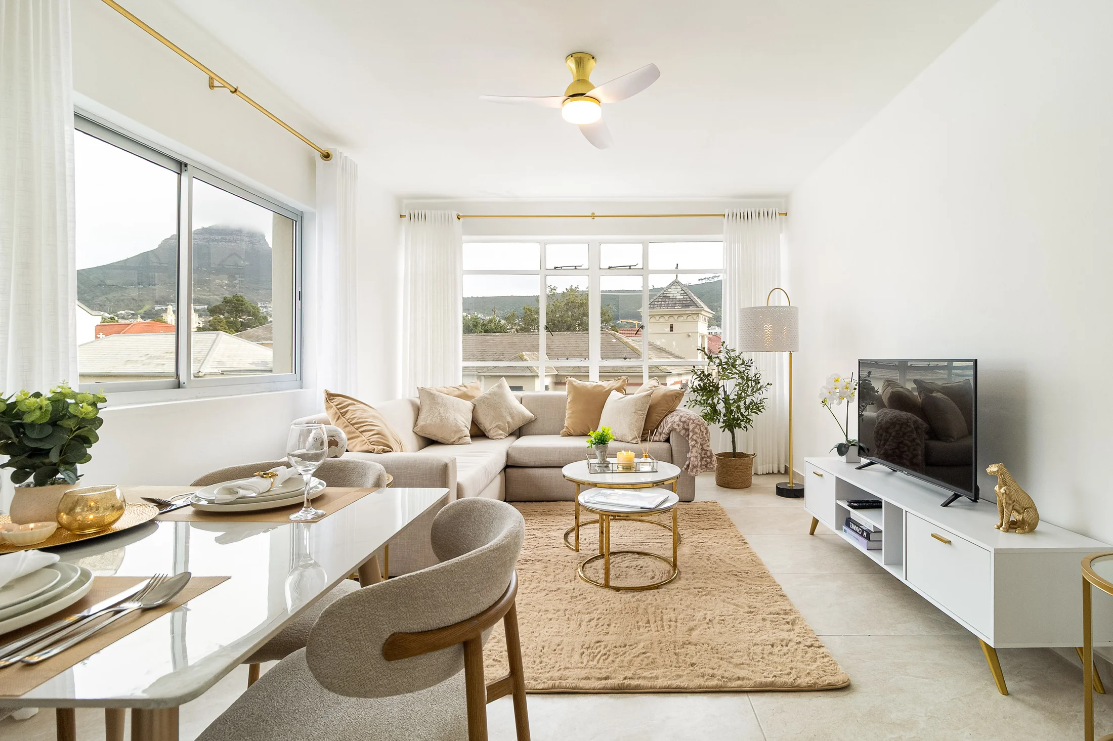 Open-plan lounge with mountain views